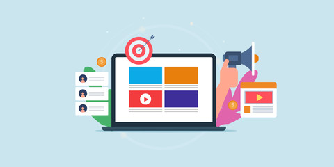 Native video marketing, digital media advertising, native ad management, online business technology concept. Flat design web banner template.