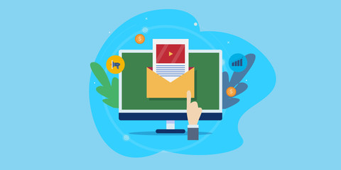 Video email marketing, video content on email newsletter, email promotion, video marketing via email message, internet technology, digital media concept. Web banner template.