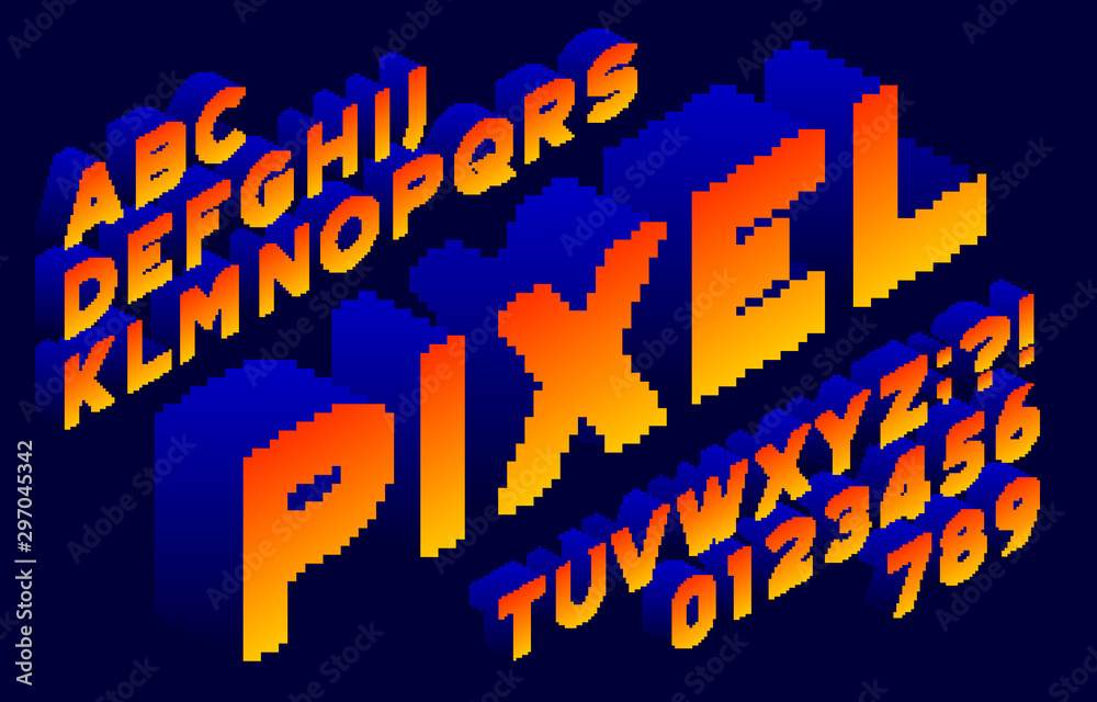 Fototapete 3D Pixel alphabet font. Isometric letters and numbers. 80s arcade video game typescript.