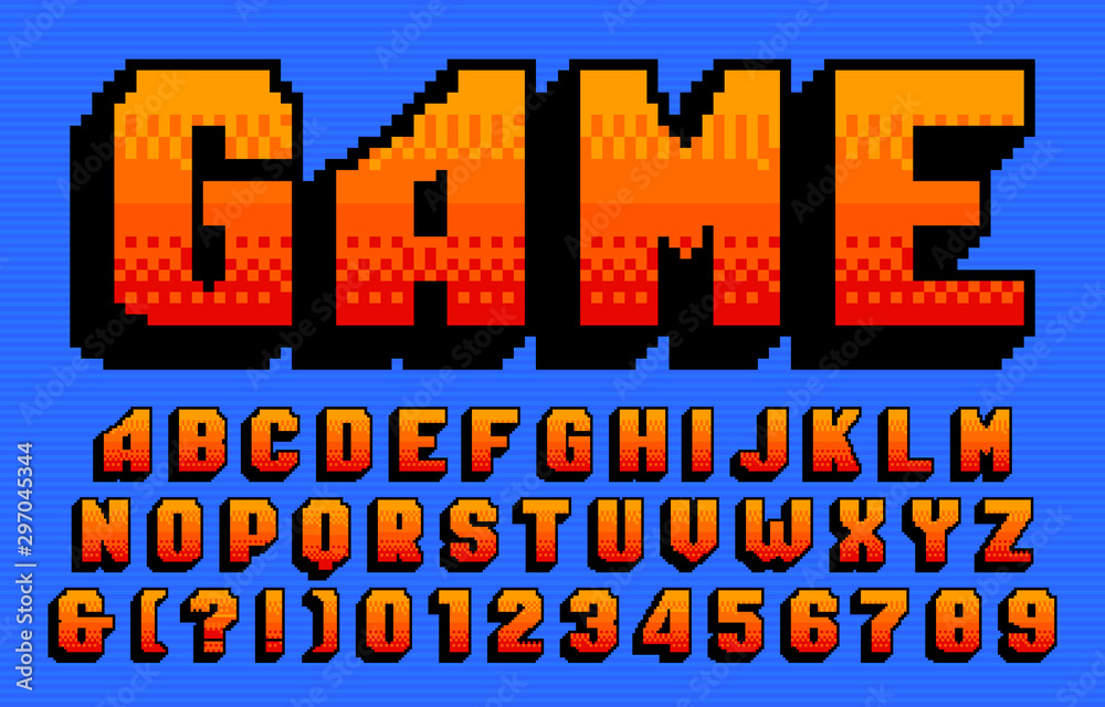 Fototapete game alphabet font. 3d pixel letters and numbers. 80s arcade video game typeface.