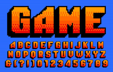 Fototapeta na wymiar Game alphabet font. 3D pixel letters and numbers. 80s arcade video game typeface.