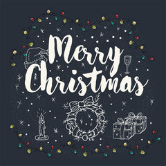 Fototapeta premium Christmas and new year contour layout for design postcards in the style of childrens Doodle greeting inscription wreath gift boxes candle Santa hat garlands