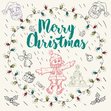 New year and Christmas contour layout for postcard design in the style of childrens Doodle greeting inscription girl on skates in a circle of garland