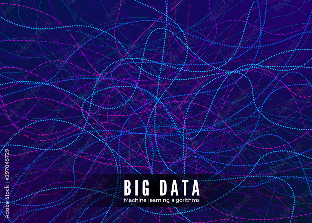 Poster Big Data Visualisation. Machine Learning and Algorithm Concept. Abstract Technology Background. Music Waves Composition. Vector