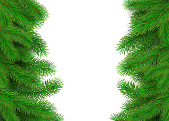 Green fir branches border. Christmas tree twig decoration element for banner and poster. New Year tree branches with bushy needles. Conifer holiday decor. Vector