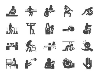 Rehabilitation icon set. Included icons as recovery, Physical therapy, Nursing Home, therapist, hospital, physiology and more.