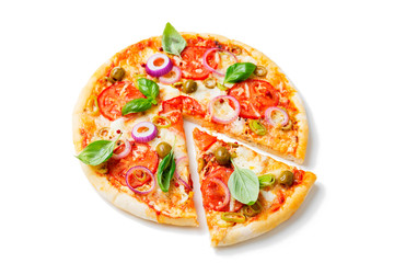 Italian pizza with melted mozzarella cheese green olives and tomato garnished with fresh vegetables and basil leaves.isolated on white background