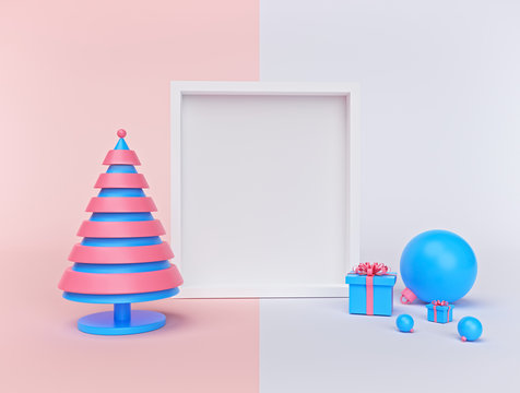christmas tree with decorations and a Blank photo frame. 3d rendering