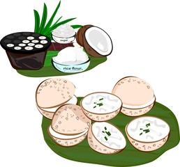 Fototapeta na wymiar Coconut cream cake or Thai dessert (Kanom Krok) or, Asian dessert made from coconut, rice flour and sugar in banana leaf,