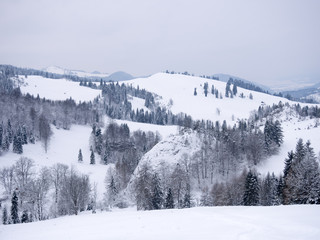 Winter mountains landscape. Beresnik Mount and Kociubylska Skala in Pieniny, Poland.