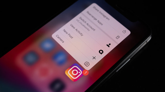 Mannheim - Baden W&uuml;rttemberg / Germany  09.23.2019: Close Up of Smartphone Display with Instagram Force Touch Quick Menu on iPone XS 11
