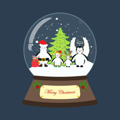 Penguin in christmas costume in snowball