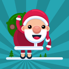 Santa Claus waves his hand with a bag on his back, on a striped background. Character in cartoon style. Vector.