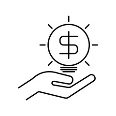 Hand holds light bulb with US Dollar sign on it. Outline thin line illustration. Flat style. Isolated on white background. 