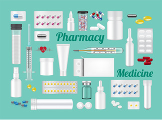 Hospital Tools, Bottle, Tube Mock up and Realistic Capsules, Pill, Medicine on Green Background with Packaging, Thermometer and Syringe Illustration. Tablets Medical, Pharmacy and Health Care Concept
