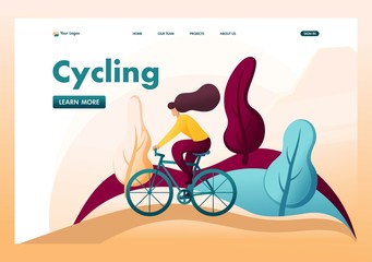 Young girl on a bike, Cycling in the fresh air, in the Park, in the woods. Flat 2D character. Landing page concepts and web design