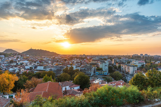 Panoramic view of Plovdiv city, Bulgaria from Nepet Tepe hill.