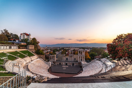Bulgaria, Plovdiv city. Warm sunset panorama over Roman Amphitheatre in the oldest town in Europe