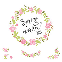 Cute spring floral wreath Collection in pink green colors Text Spring Market illustration