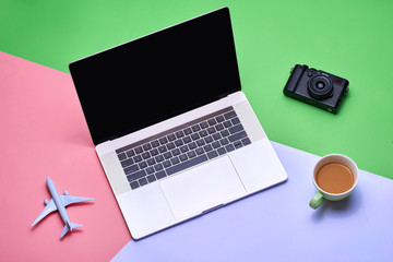 Top view, flat lay object accessories of travel or summer vacation concept with blank space on blue background