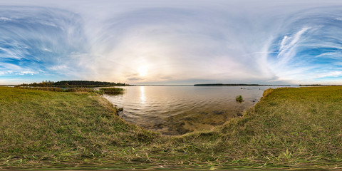 seamless spherical hdri panorama 360 degrees angle view on grass coast of huge river or lake in sunny summer day and windy weather in equirectangular projection with zenith and nadir, VR AR content © hiv360
