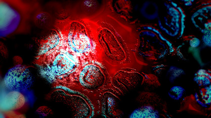 Human Virus, flu, view of a virus under a microscope, Viral disease outbreak. Infectious disease. 3d rendering - obrazy, fototapety, plakaty