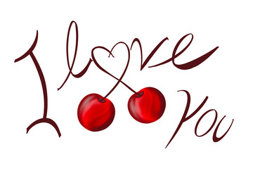 Hand drawn cherries on white background with inscription i love you