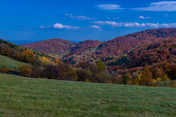 Fototapeta na wymiar Golden Polish Autumn with colorful trees in Mountains Poland, October 2019