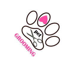 Pet grooming logo. Black animal print scissors red heart on white design element stock vector illustration for web, for print