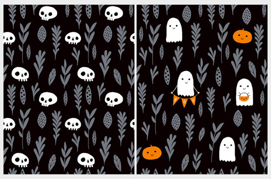 Cute Hand Drawn Halloween Vector Patterns. Little White Ghost,Sweet Little Pumpkins and White Funny Skulls on a Black Background. Dark Scary Garden.Halloween Illustrations for Card, Party Decoration. 