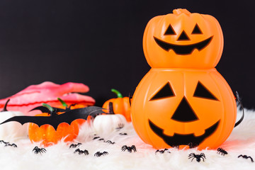 Pumpkin Jack creepy, spider and bat in photo, Halloween day concept