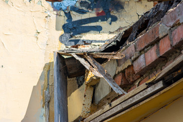 Broken wooden building wall structure element