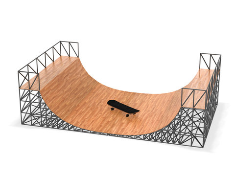 Half Pipe Ramp With Skateboard 3d Rendering