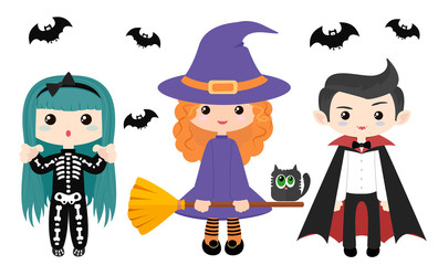 Set of children in Halloween costumes. Skeleton, witch and vampire