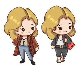 Vector illustration of business girl, secretary  or teacher in formal suit. Cute chibi character isolated on white background. Cartoon girl in different clothes.