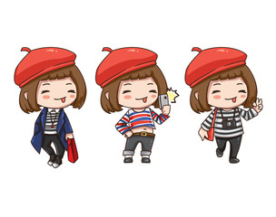 Vector illustration of cute chibi character isolated on white background. The cartoon girl traveler in red beret with camera. Girl in different pose and clothes.
