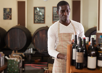 Winemaker arranging bottles in wine shop