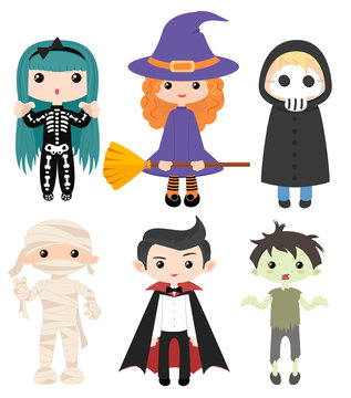 Set of children in Halloween costumes. Skeleton, witch, zombie, death, ghost, mummy and vampire