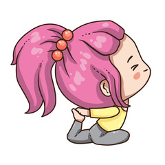 Vector illustration of cute chibi character isolated on white background. Cartoon girl in sport wear isolated on white background. Young girl in yoga pose.