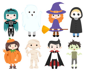 Set of children in Halloween costumes. Skeleton, witch, zombie, death, ghost, mummy, pumpkin and vampire