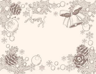 Christmas themed b background with pine branches and decorative items. Vintage style. Vector illustration.
