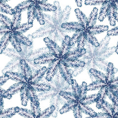 Pattern seamless with blue branches fir tree on white background, for material, postcards, invitations,  Christmas, snowflake, clothes, paper, holiday, wallpaper, textile.Painted in watercolor