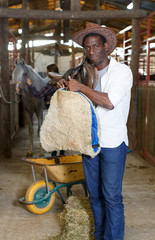 Girl and man preparing saddle for horse