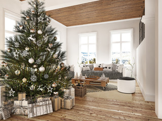 New year tree in scandinavian style interior with christmas decoration