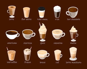 Coffee cup set vector isolated. Capuccino, latte, frappe