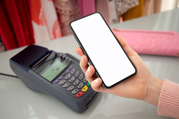 woman payment purchase for phone and pay pass online terminal