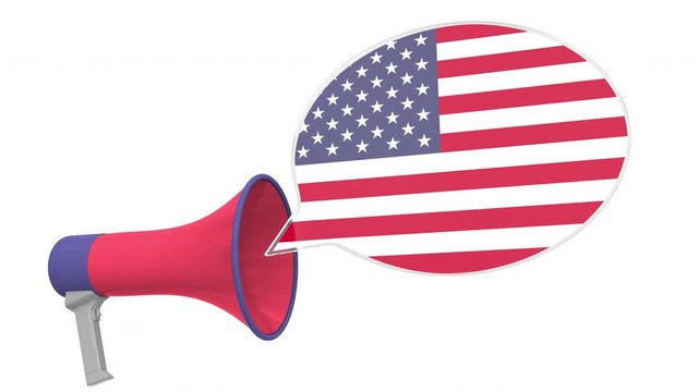 Megaphone and flag of the United States on the speech bubble. Language or national statement related conceptual 3D animation