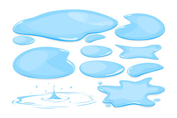 Water puddle set vector isolated. Blue autumn natural liquid - obrazy, fototapety, plakaty