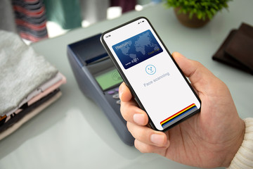 phone face scanning id payment purchase on paypass online terminal
