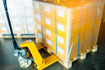 Packaging Boxes Wrapped Plastic on Pallet with Hand Pallet Truck. Distribution Storage Warehouse. Cargo Shipment. Supplies Shipping Warehouse Logistics.